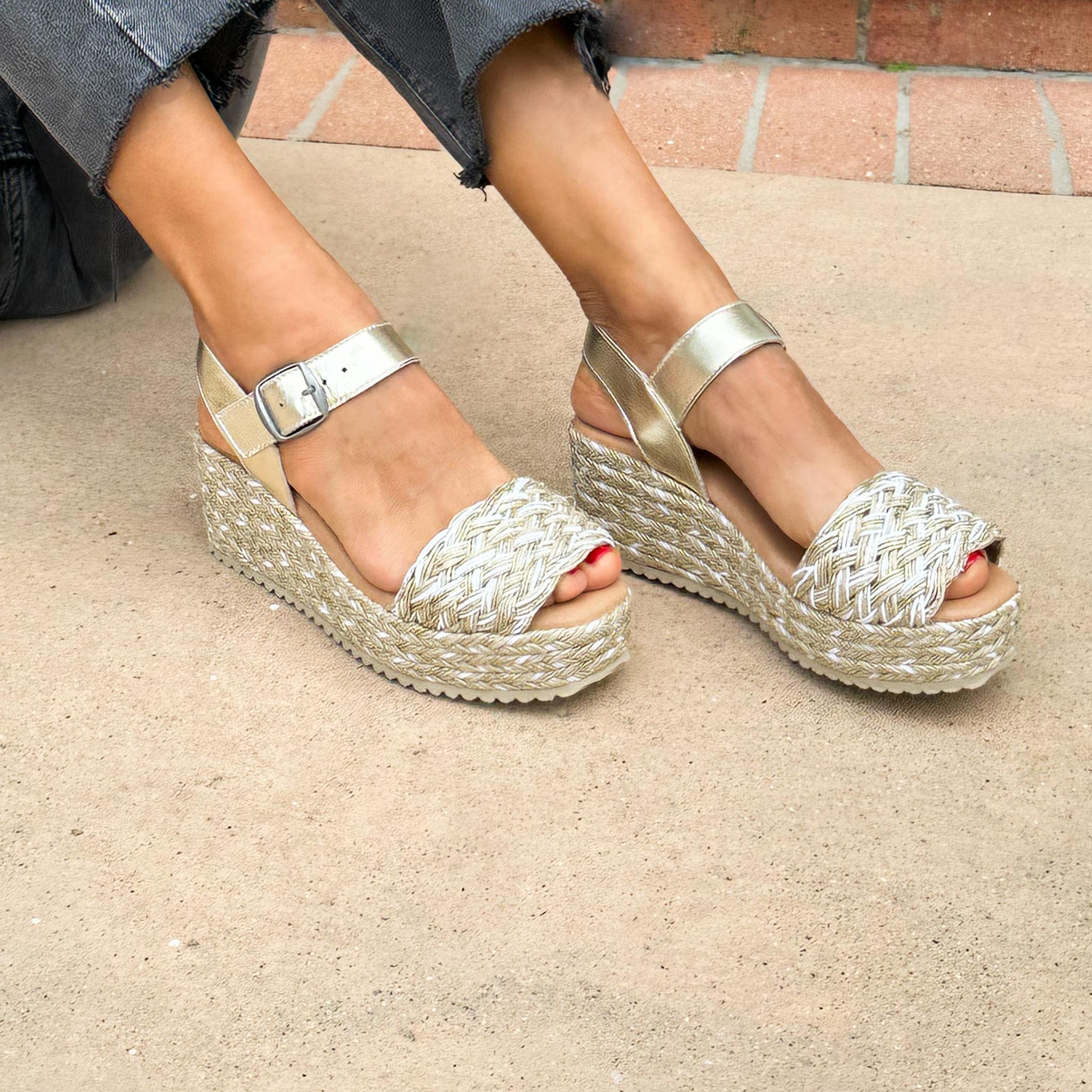 Gold braided platform sandals with strap