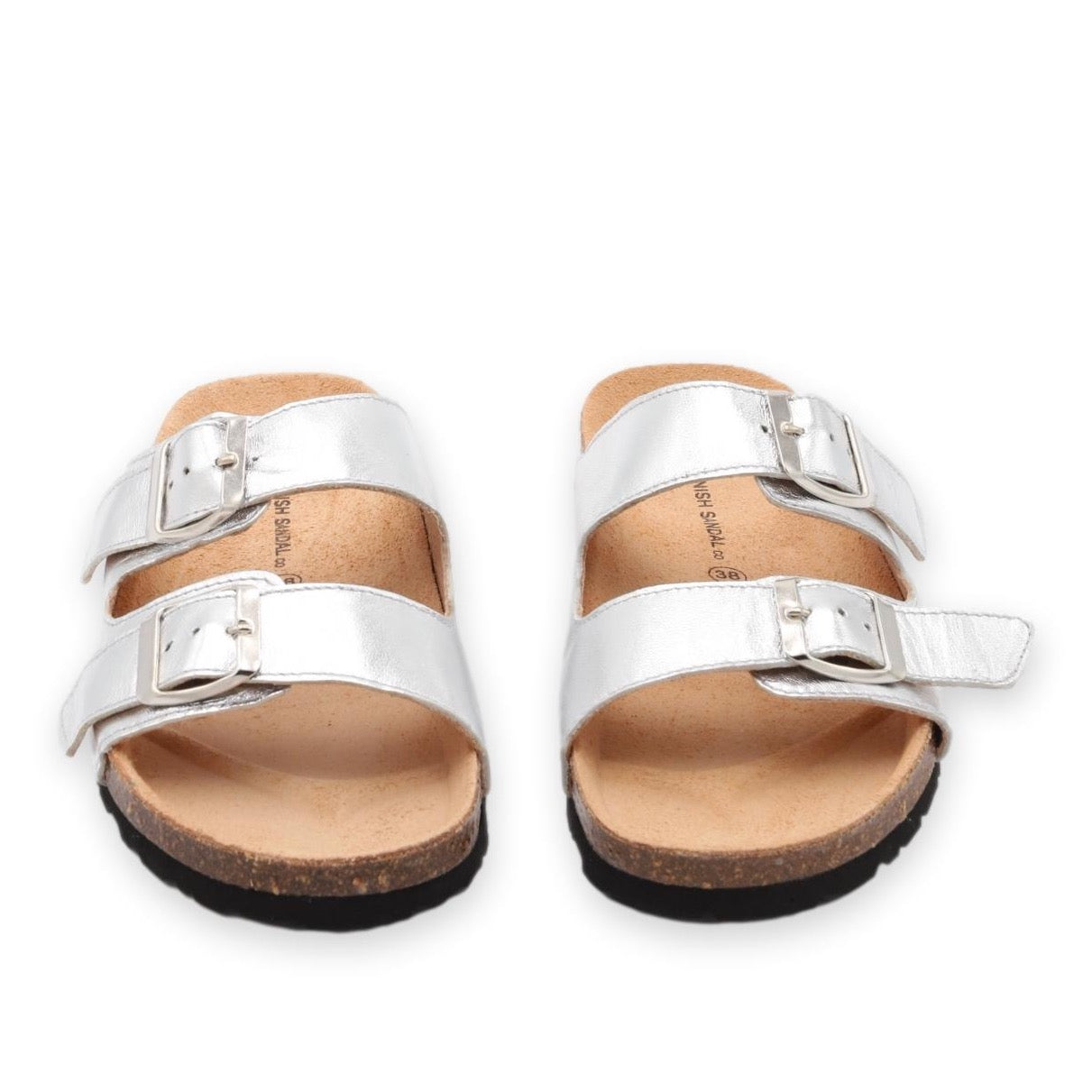 front facing nordic sandals in metallic silver