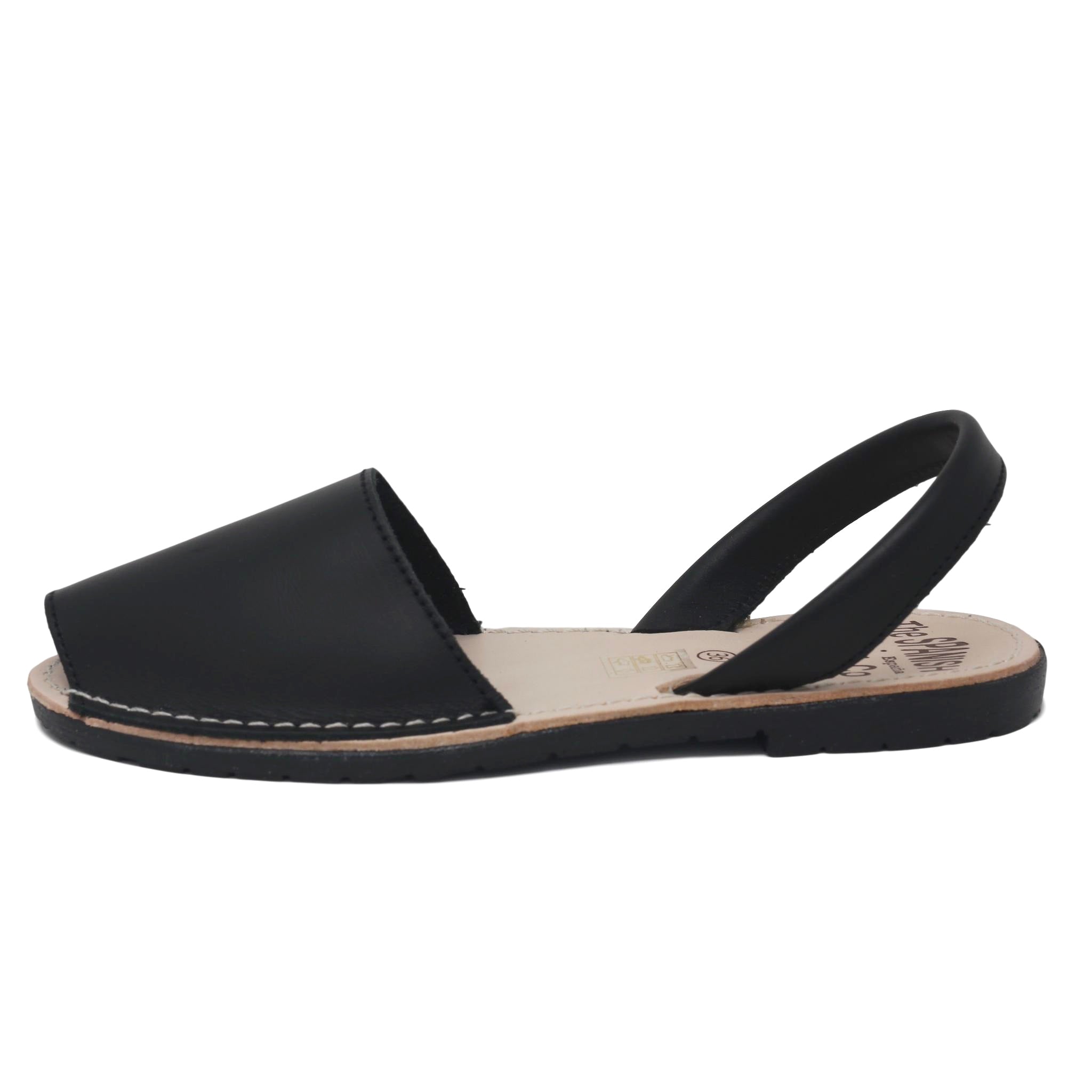 profile view of black leather Spanish Sandals