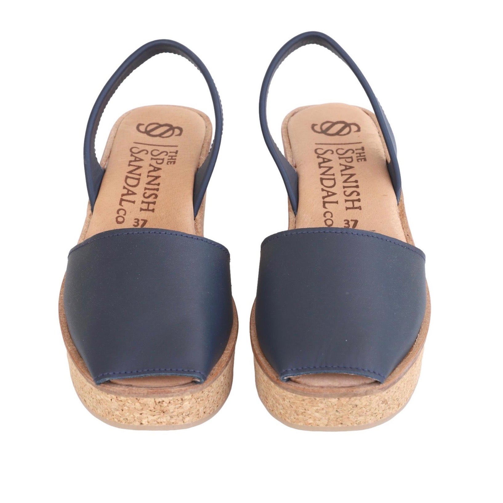 front facing cork wedge sandals in navy