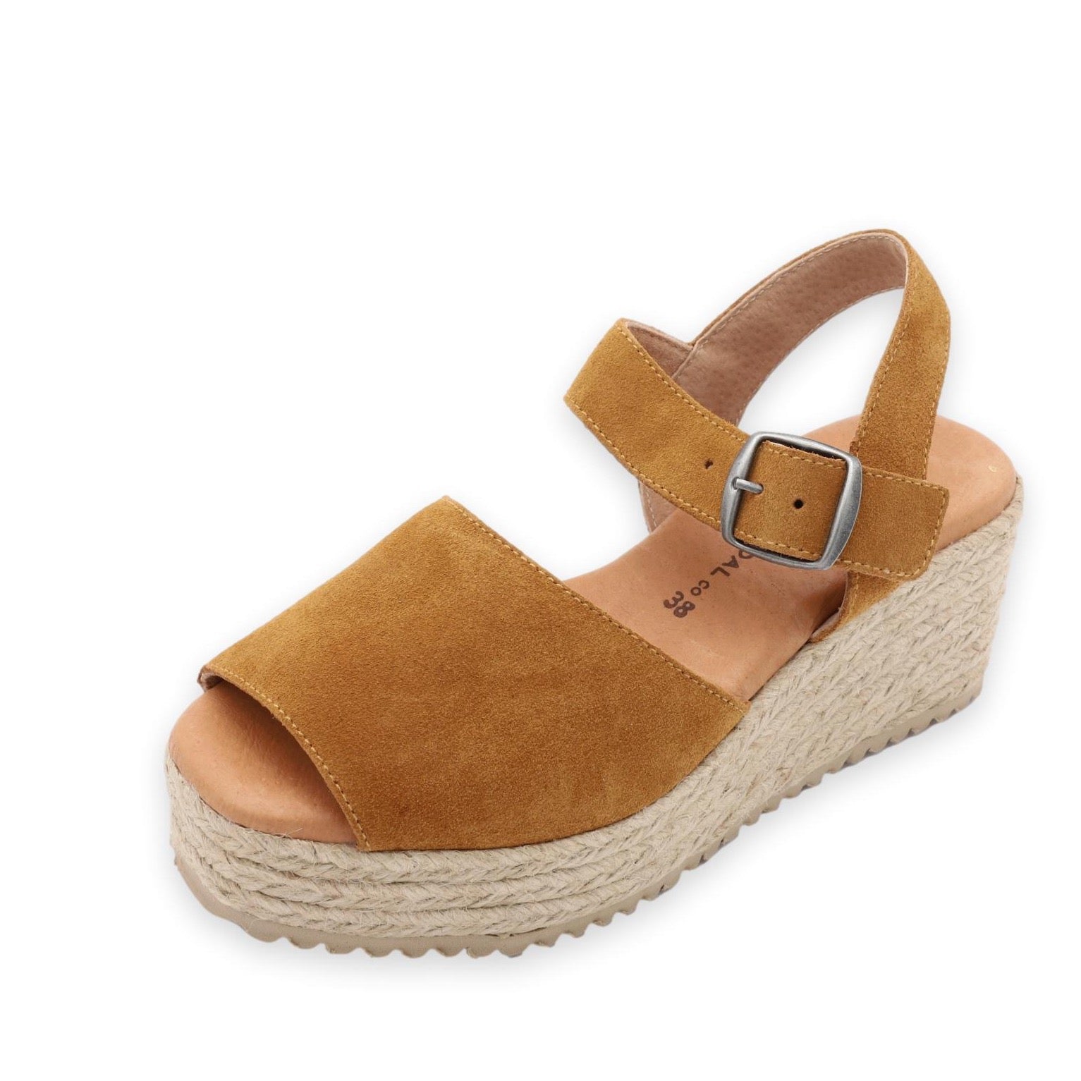 angle view of platform sandals in whiskey color