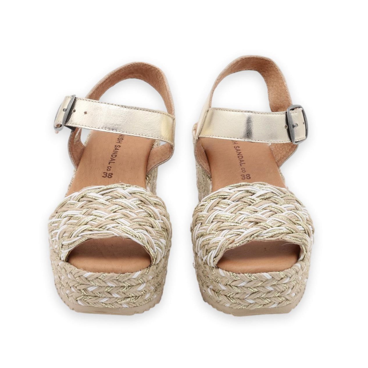 front facing gold braided platform sandals