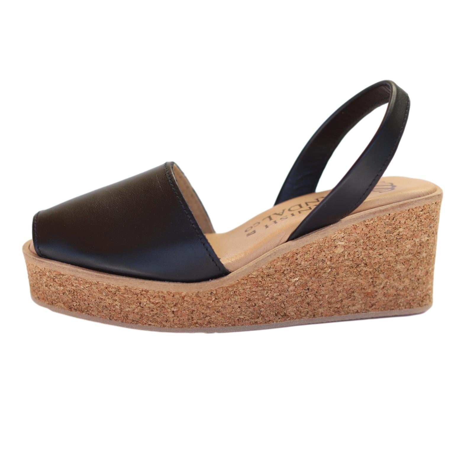 profike view of front view of cork wedges in black
