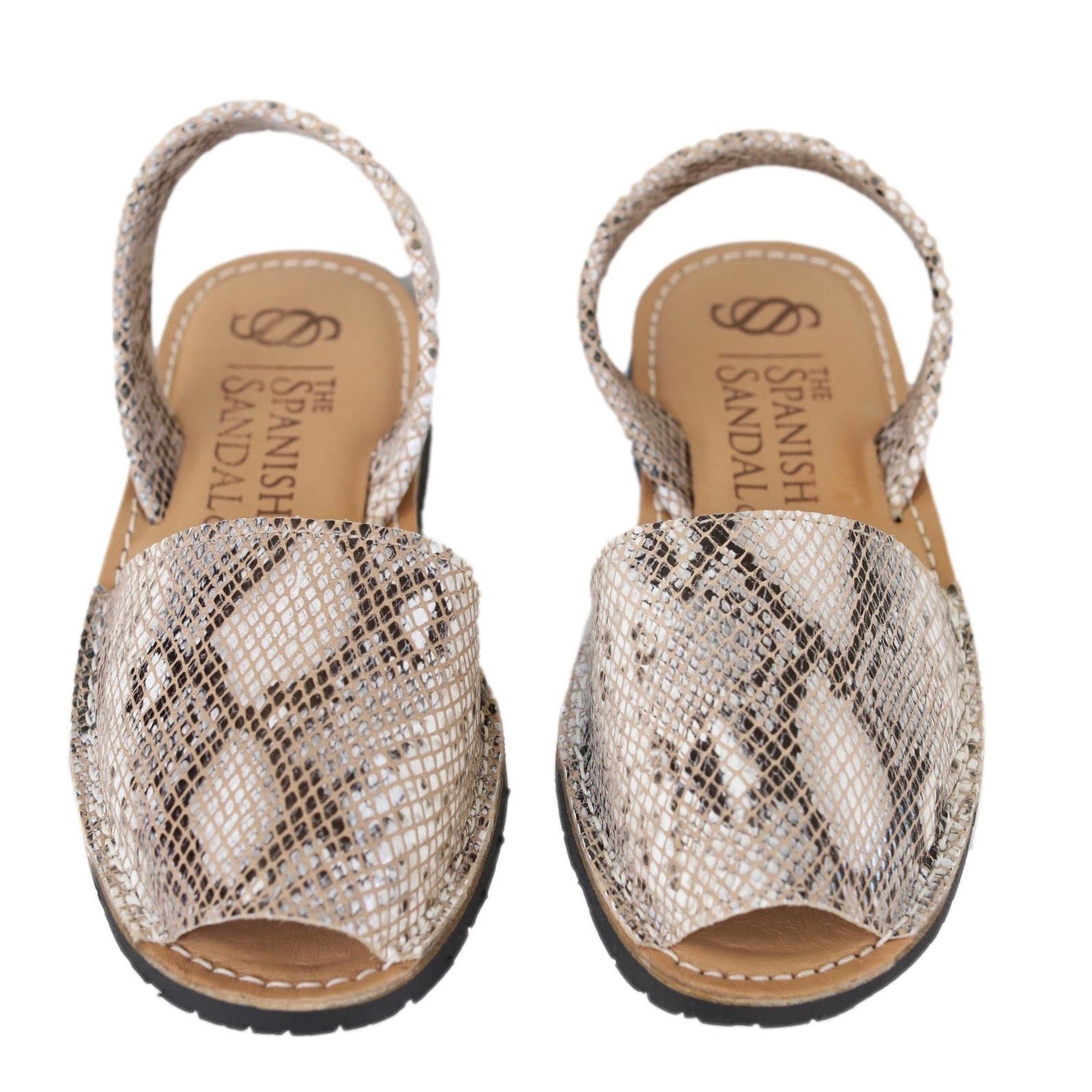 front facing classic sandals in snakeprint