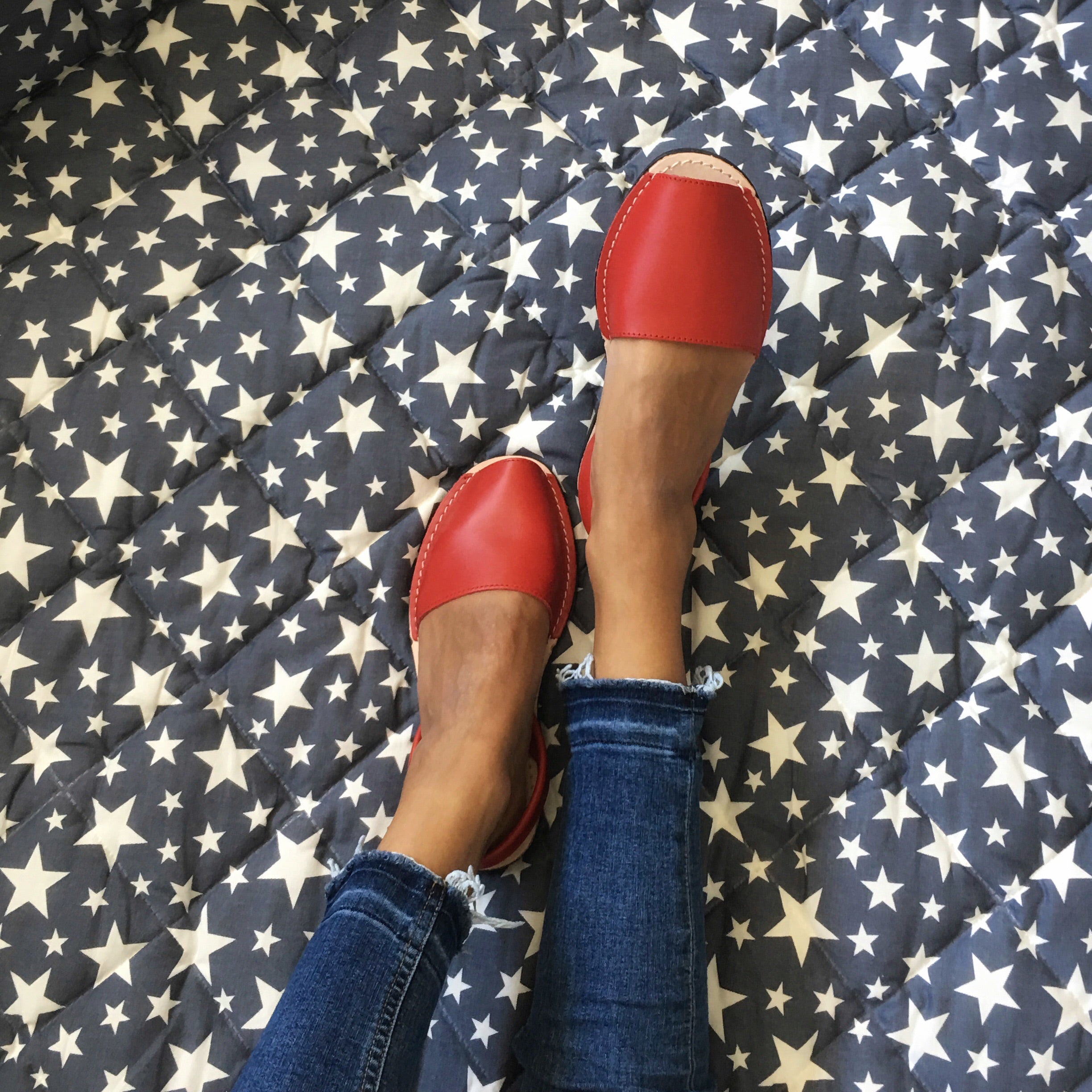 Classic red sandals  with blue jeans - instagram